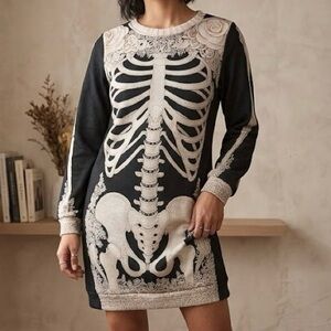 Gothic Anatomical Skeleton Bone & Rose Sweatshirt Dress Cream & Charcoal S NWOT